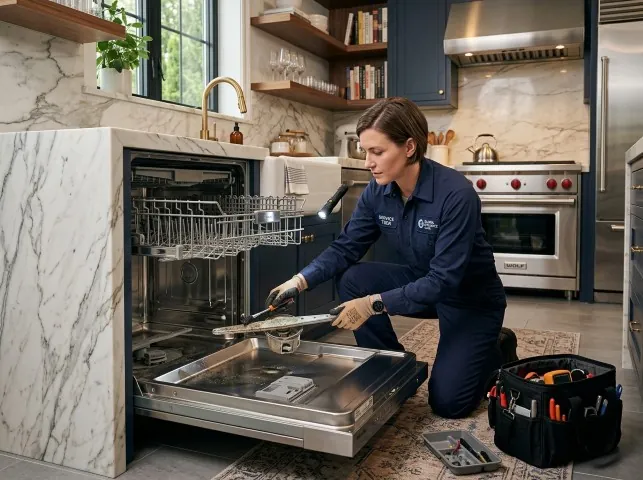 Appliance Repair Hero technician servicing a built-in dishwasher in a Budd Lake, NJ kitchen