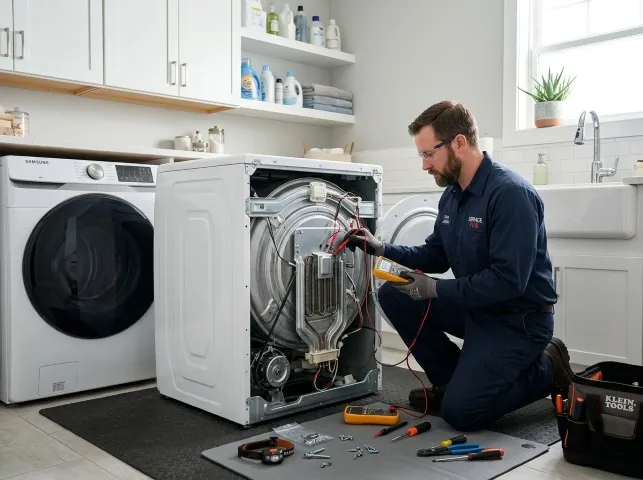 Appliance Repair Hero technician checking a dryer heating element with the rear panel off in Budd Lake, NJ
